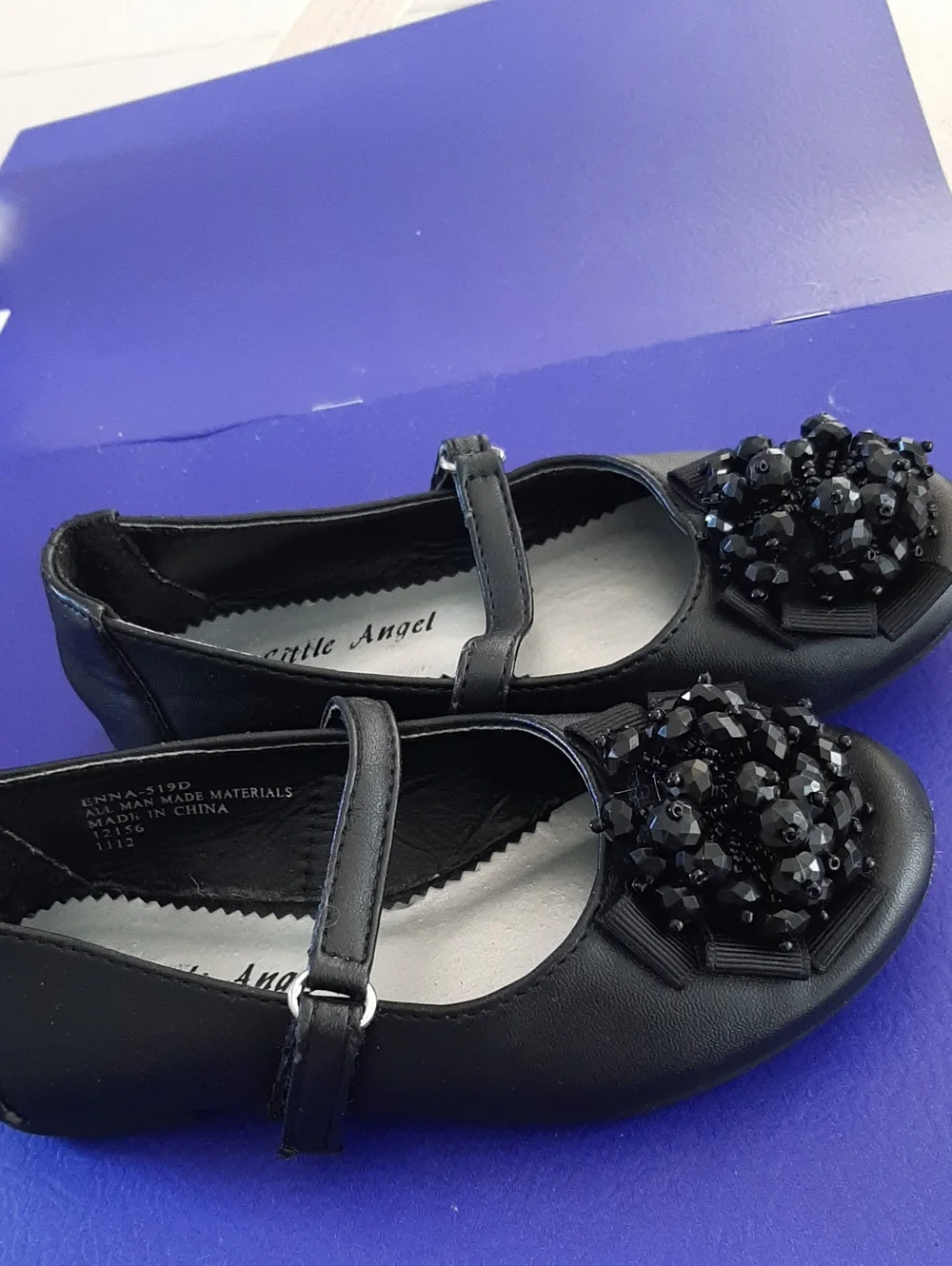 Little Angel Black Mary Jane Flats with Beaded Rosette